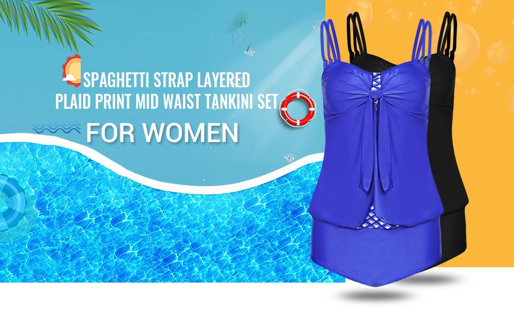 Spaghetti Strap Backless Padded Layered Plaid Print Mid Waist Women Tankini Set