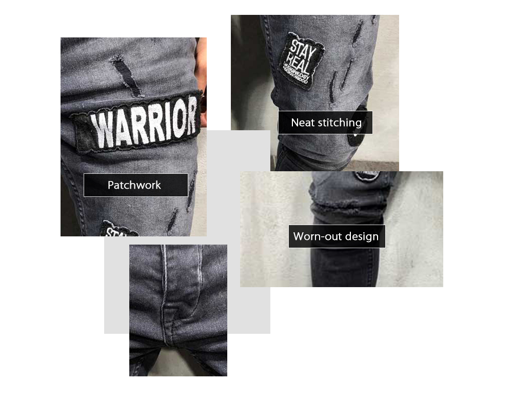 Men Jeans Mid Waist Worn-out Hole Patch Slim Leg Zipper Pants