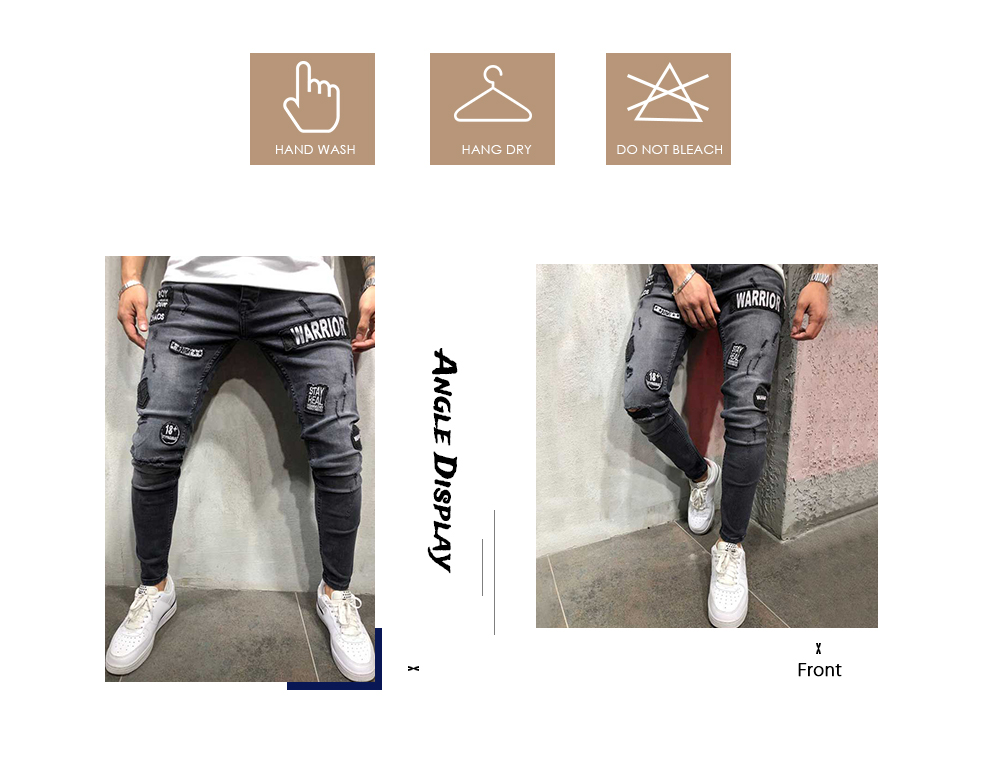 Men Jeans Mid Waist Worn-out Hole Patch Slim Leg Zipper Pants