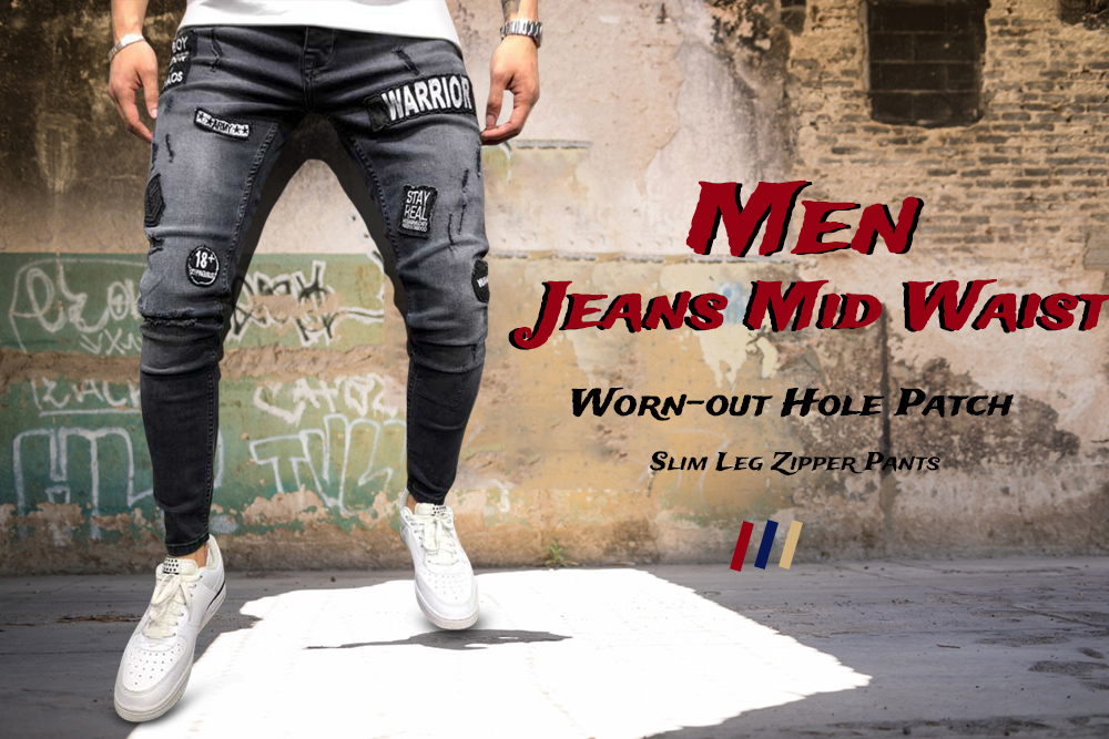 Men Jeans Mid Waist Worn-out Hole Patch Slim Leg Zipper Pants