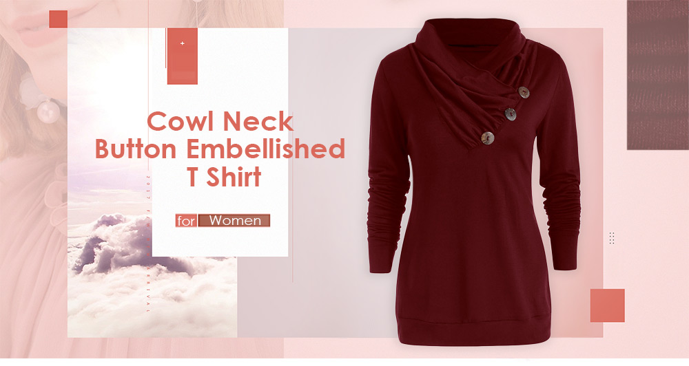 Cowl Neck Button Embellished T Shirt