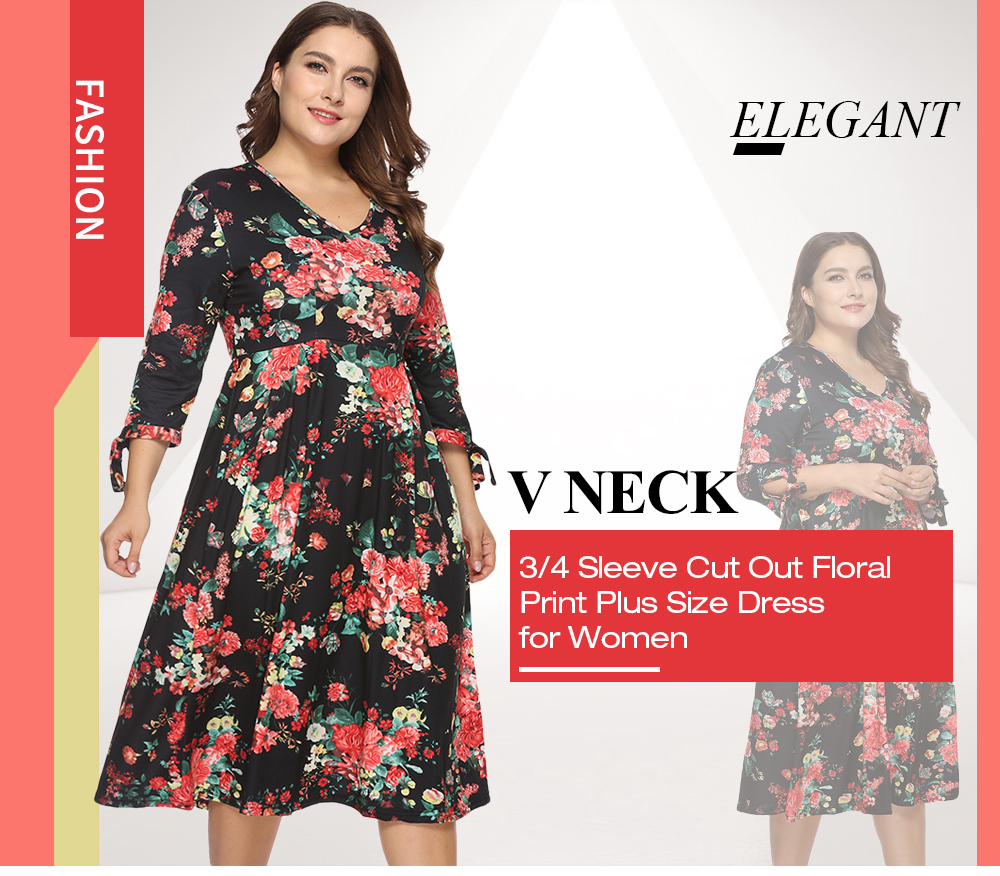 V Neck 3/4 Sleeve Cut Out Floral Print A-line Women Plus Size Dress