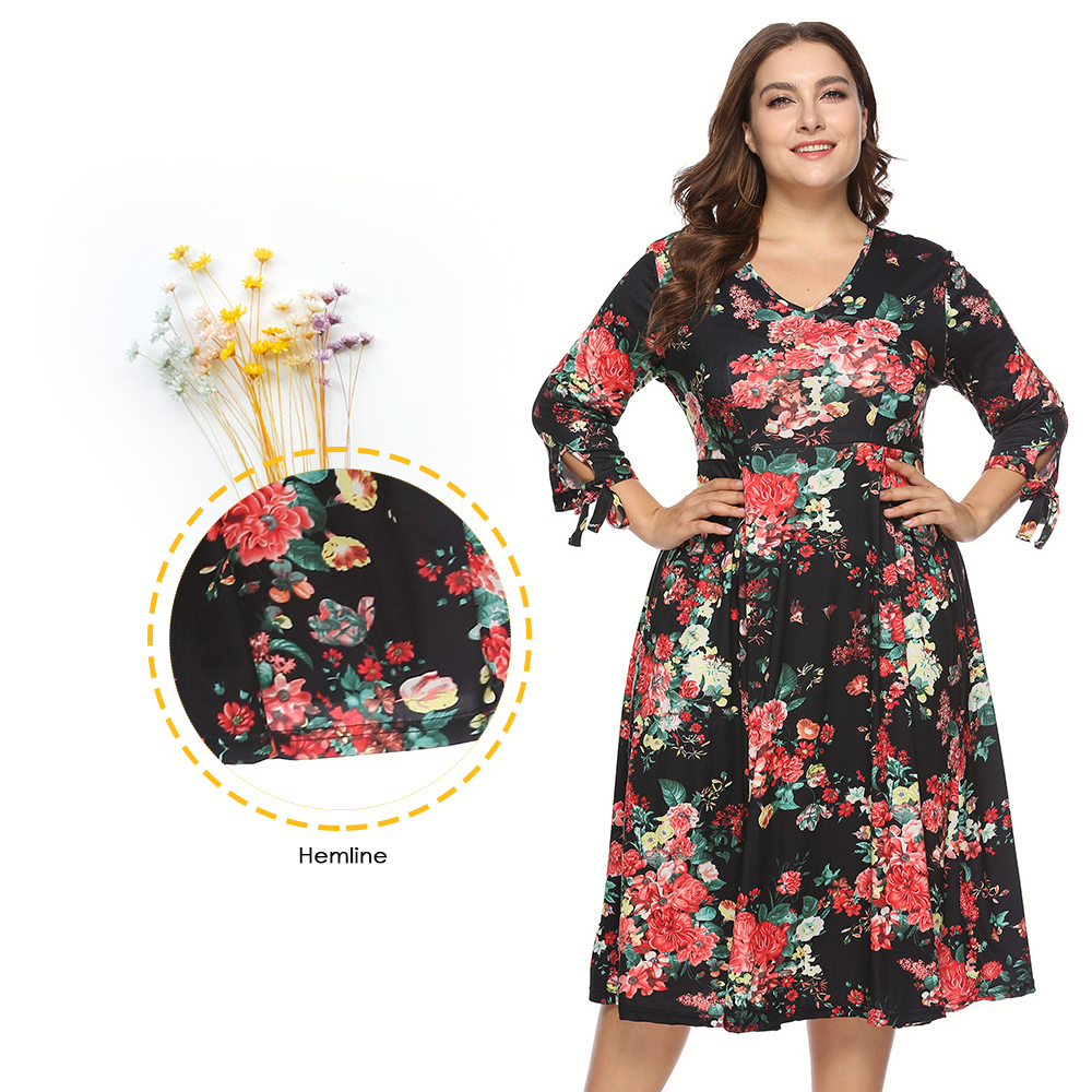 V Neck 3/4 Sleeve Cut Out Floral Print A-line Women Plus Size Dress