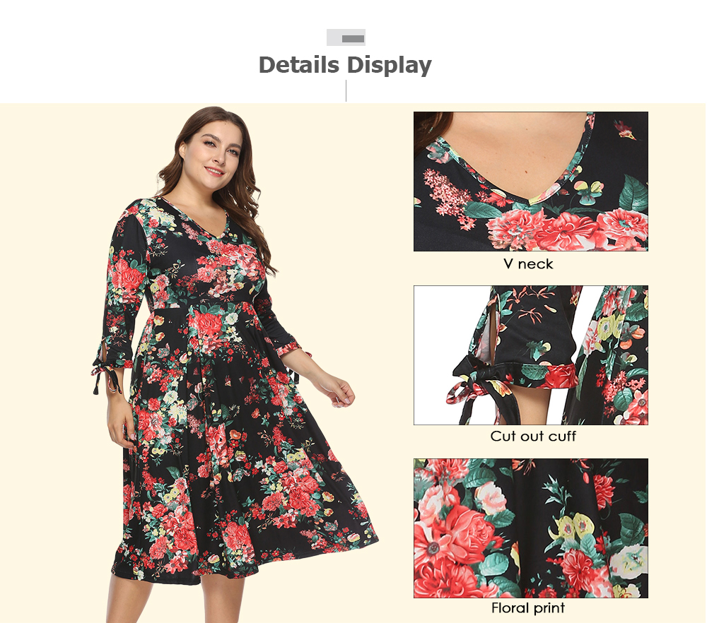 V Neck 3/4 Sleeve Cut Out Floral Print A-line Women Plus Size Dress