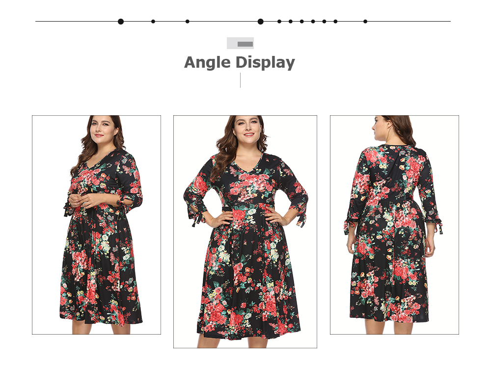 V Neck 3/4 Sleeve Cut Out Floral Print A-line Women Plus Size Dress
