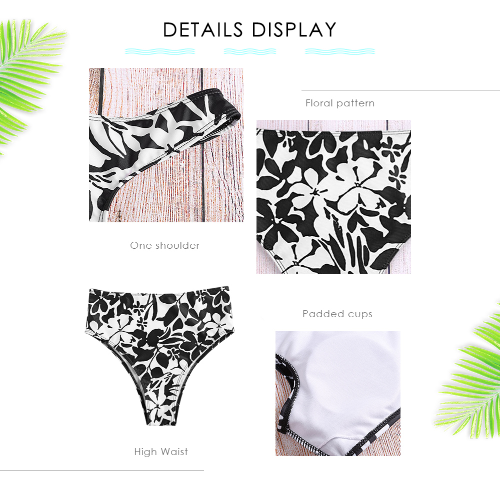 Flowers Pattern One Shoulder Women High Waist Bikini 2 Pieces Swimwear