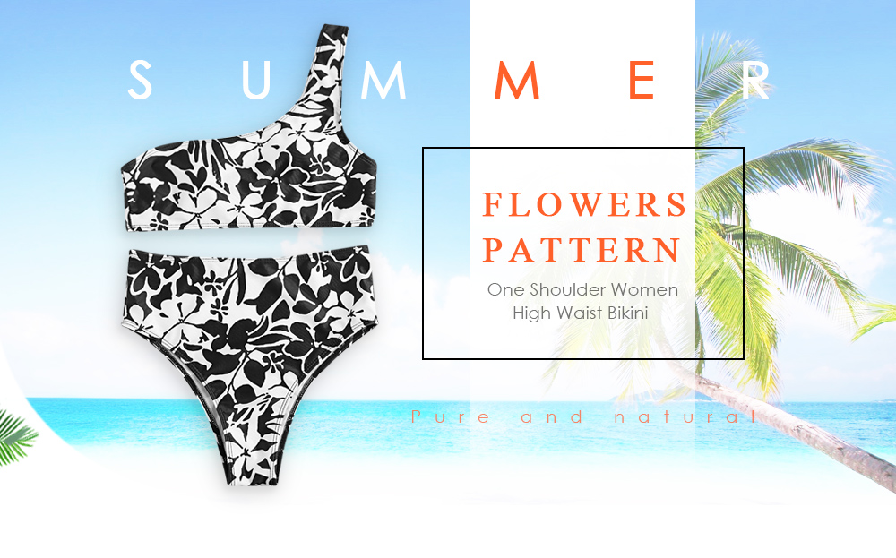 Flowers Pattern One Shoulder Women High Waist Bikini 2 Pieces Swimwear