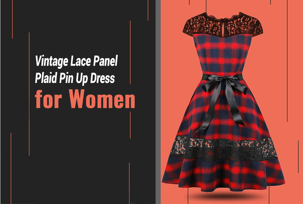 Vintage Lace Panel Plaid Pin Up Dress