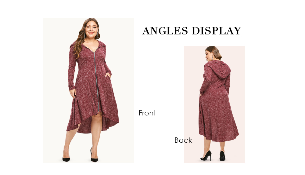 Plus Size Zip Front Hooded High Low Dress