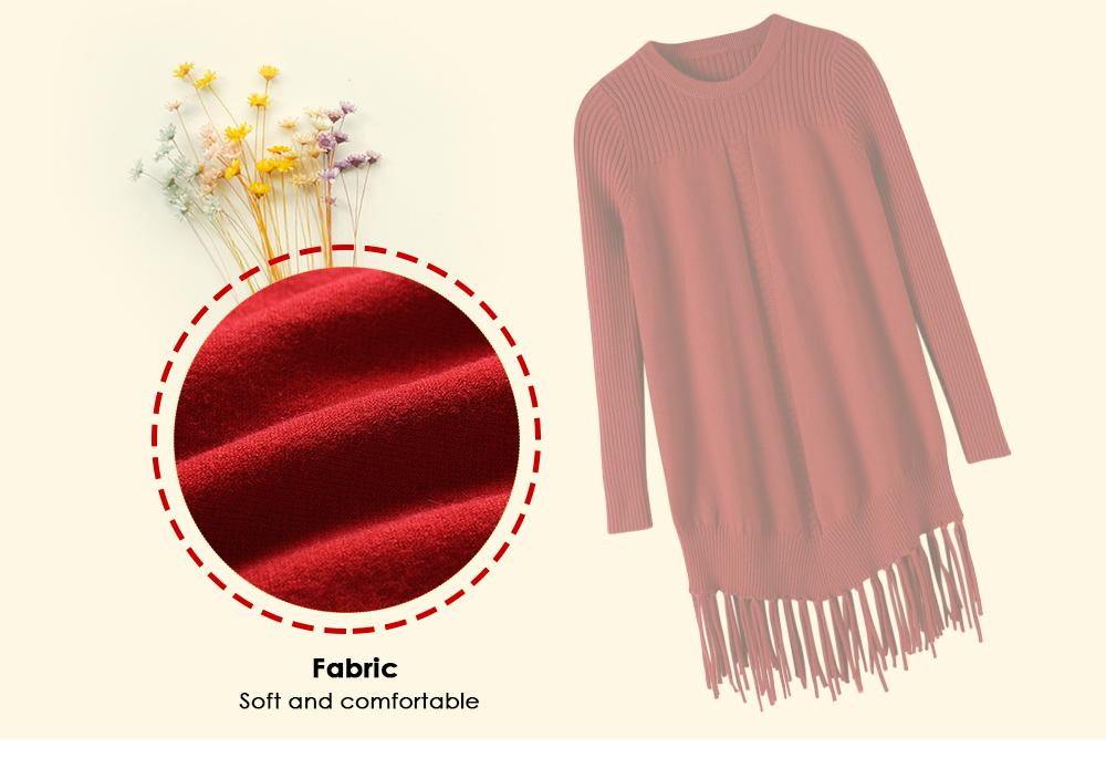 Round Neck Long Sleeves Solid Color Tassels Pullover Sweater for Women
