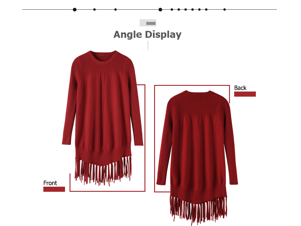 Round Neck Long Sleeves Solid Color Tassels Pullover Sweater for Women