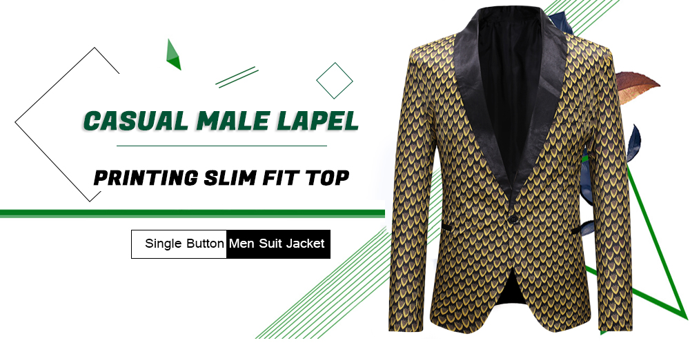 Casual Male Lapel Printing Slim Fit Top Single Button Men Suit Jacket