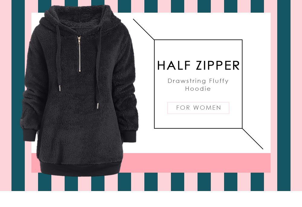 Half Zipper Drawstring Fluffy Hoodie