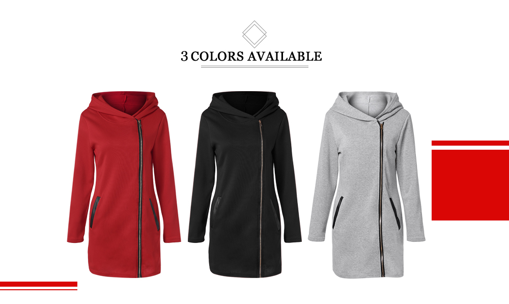 Oblique Zipper Funnel Neck Slim Fit Hooded Long Coat Jacket for Women