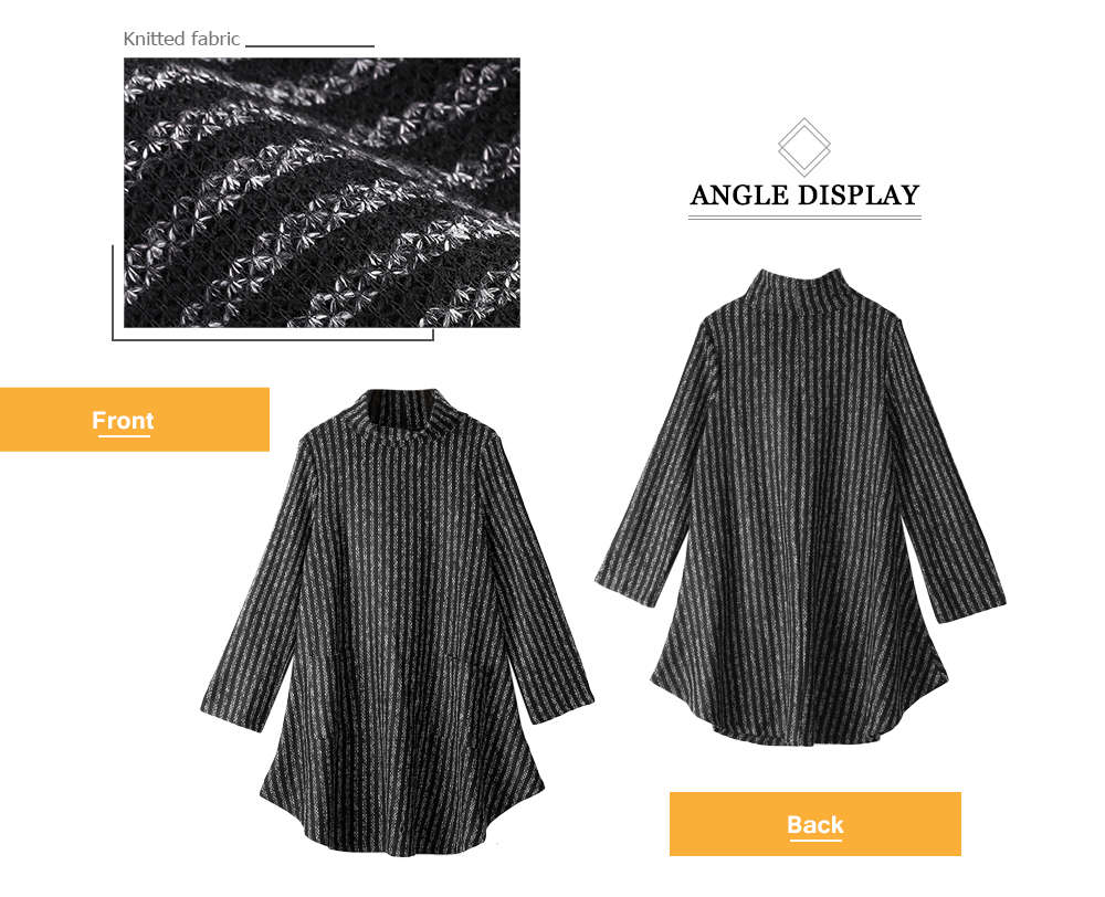 Women Warm Striped Knit Pocket Turtleneck Dress