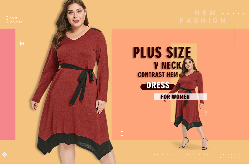 Plus Size V Neck Contrast Hem Dress