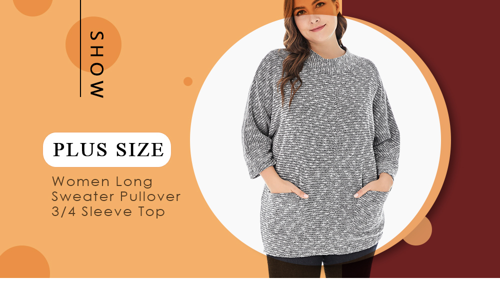 Plus Size Women Long Sweater Pullover 3/4 Sleeve Casual Pocket Knitted Top
