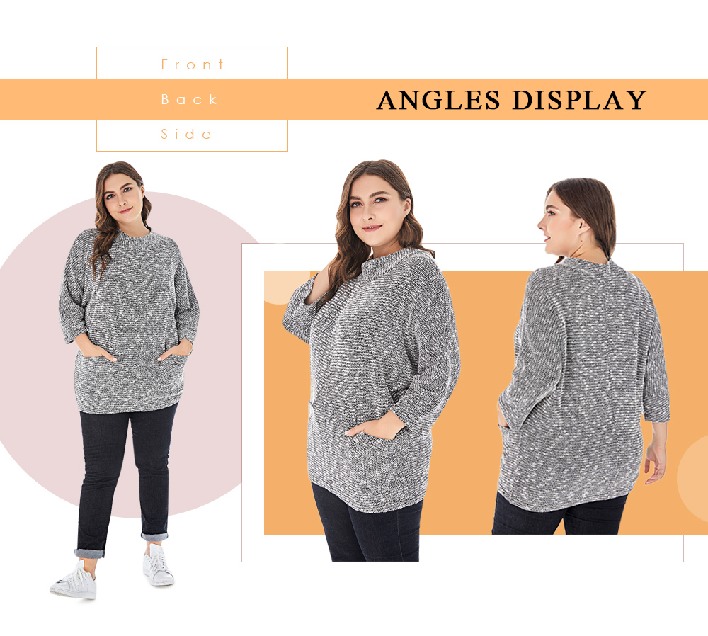 Plus Size Women Long Sweater Pullover 3/4 Sleeve Casual Pocket Knitted Top