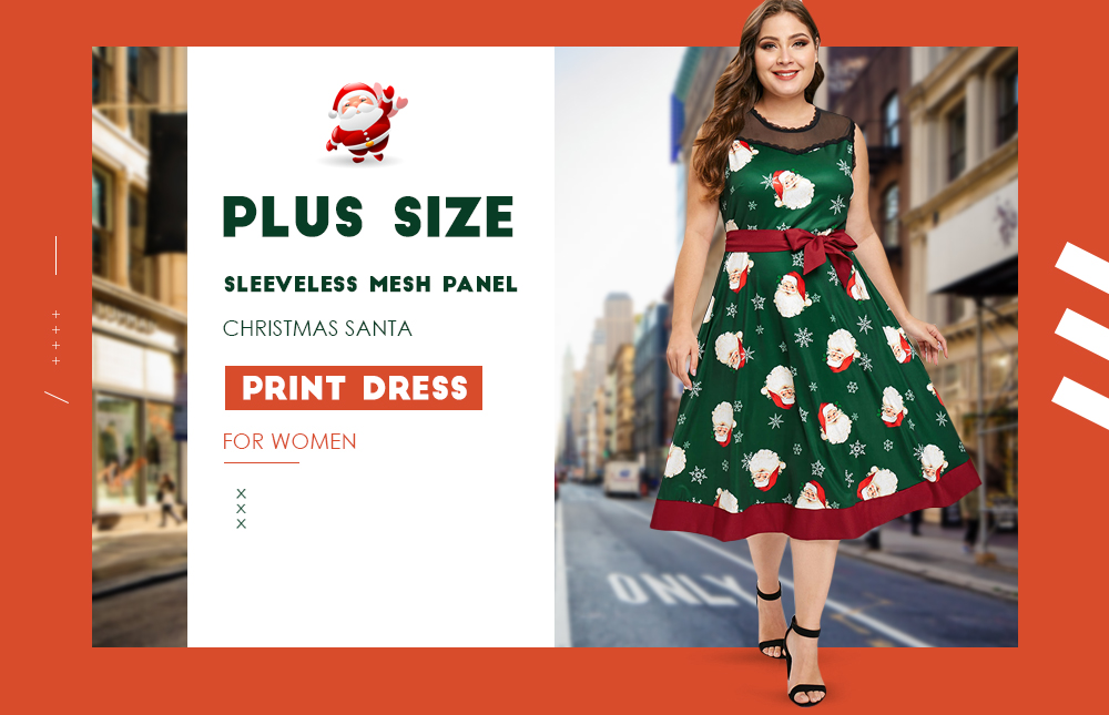 Plus Size Mesh Panel Christmas Santa Print Dress