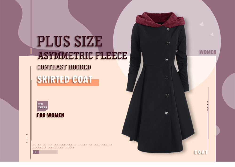 Plus Size Asymmetric Contrast Hooded Skirted Coat