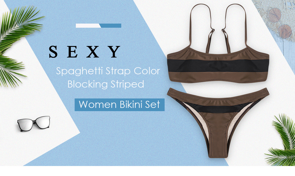 Sexy Spaghetti Strap Color Blocking Striped Print Women Bikini Set