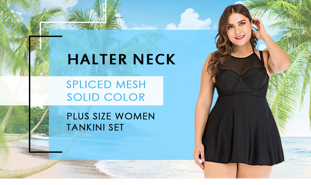 Sexy Halter Neck Spliced Mesh Solid Color Mid Waist Plus Size Women Tankini Set