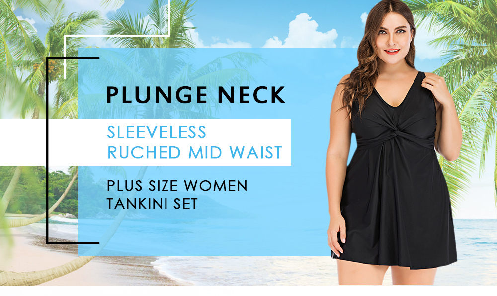 Plunge Neck Sleeveless Ruched Solid Color Padded Mid Waist Plus Size Women Tankini Set