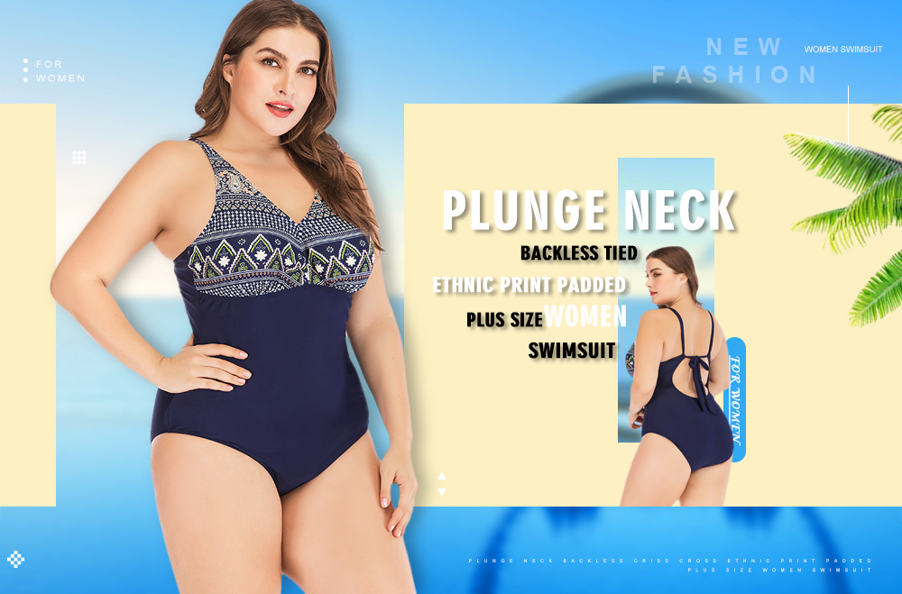 Sleeveless Plunge Neck Backless Tied Ethnic Print Padded Plus Size Women Swimsuit