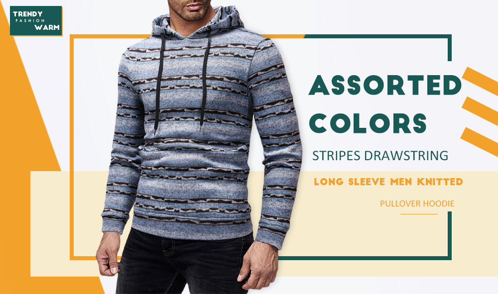Assorted Colors Stripes Drawstring Long Sleeve Men Knitted Pullover Hoodie