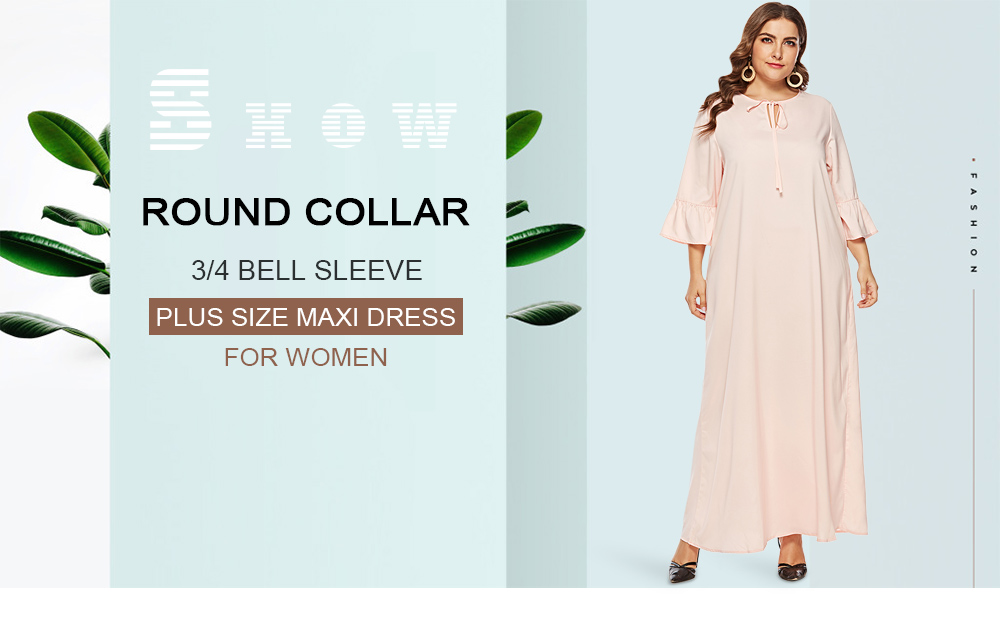 Round Collar 3/4 Bell Sleeve Keyhole Tied Strap Solid Color Plus Size Women Maxi Dress