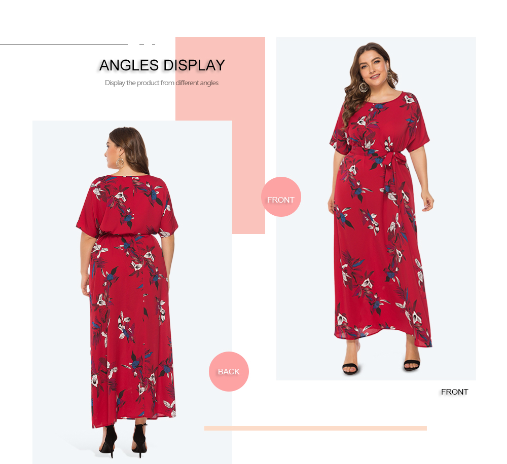 Round Collar Half Sleeve Floral Print Belted Plus Size Women Maxi Dress