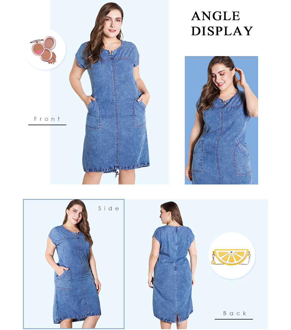 Plus Size Denim Women Knee Length Short Sleeve Casual Jeans Pocket Dress