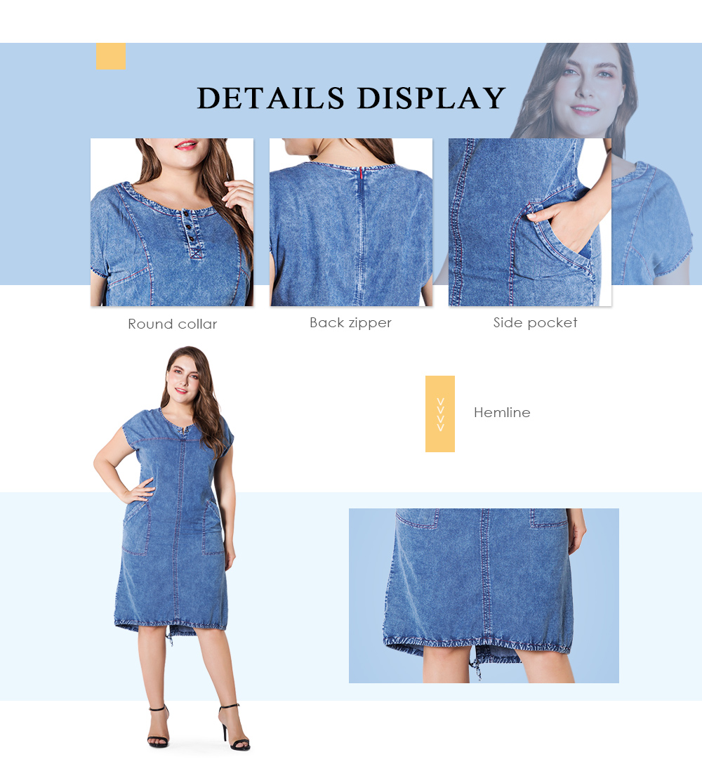 Plus Size Denim Women Knee Length Short Sleeve Casual Jeans Pocket Dress