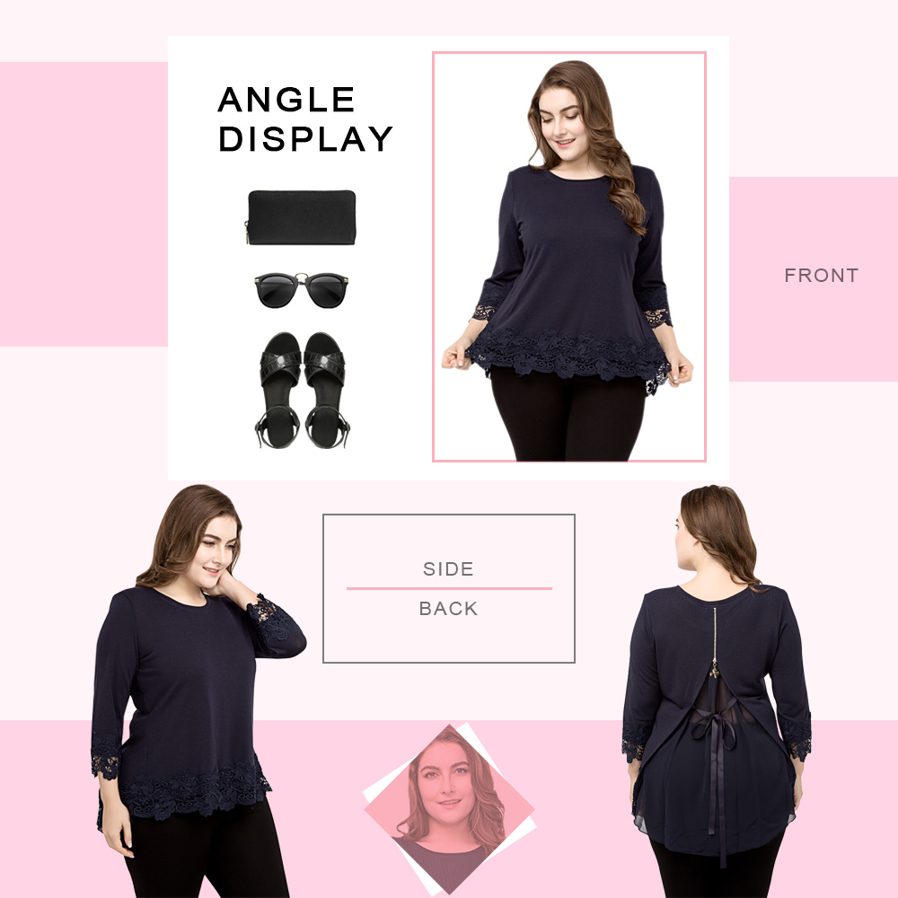Round Collar 3/4 Sleeve Lace Crochet Spliced Mesh Zipper Bowknot Plus Size Women T-shirt