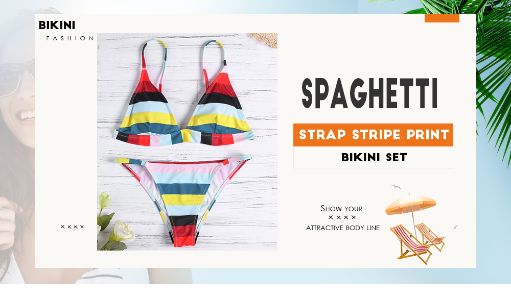 Sexy Spaghetti Strap Stripe Print Bikini Set for Women
