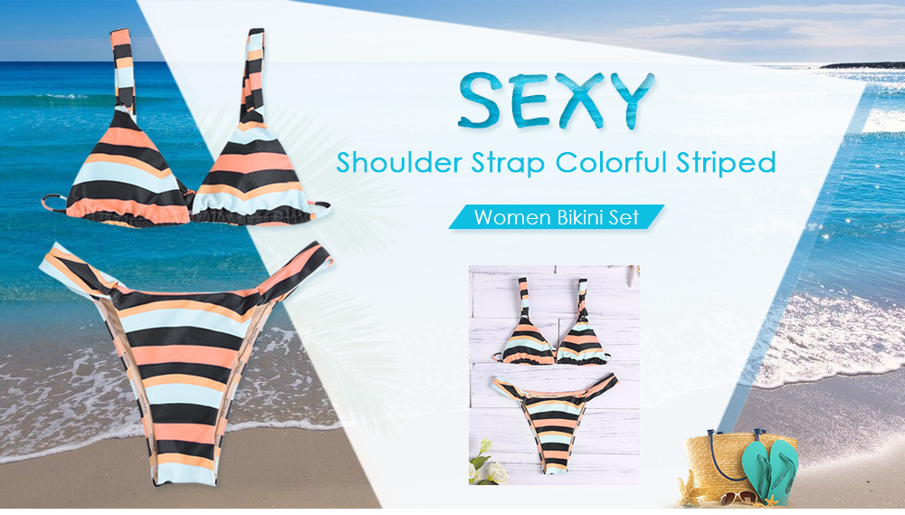 Sexy Shoulder Strap Colorful Striped Backless Tied Padded Women Bikini Set