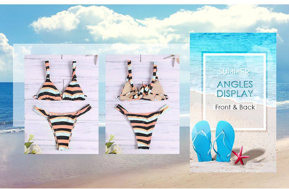 Sexy Shoulder Strap Colorful Striped Backless Tied Padded Women Bikini Set