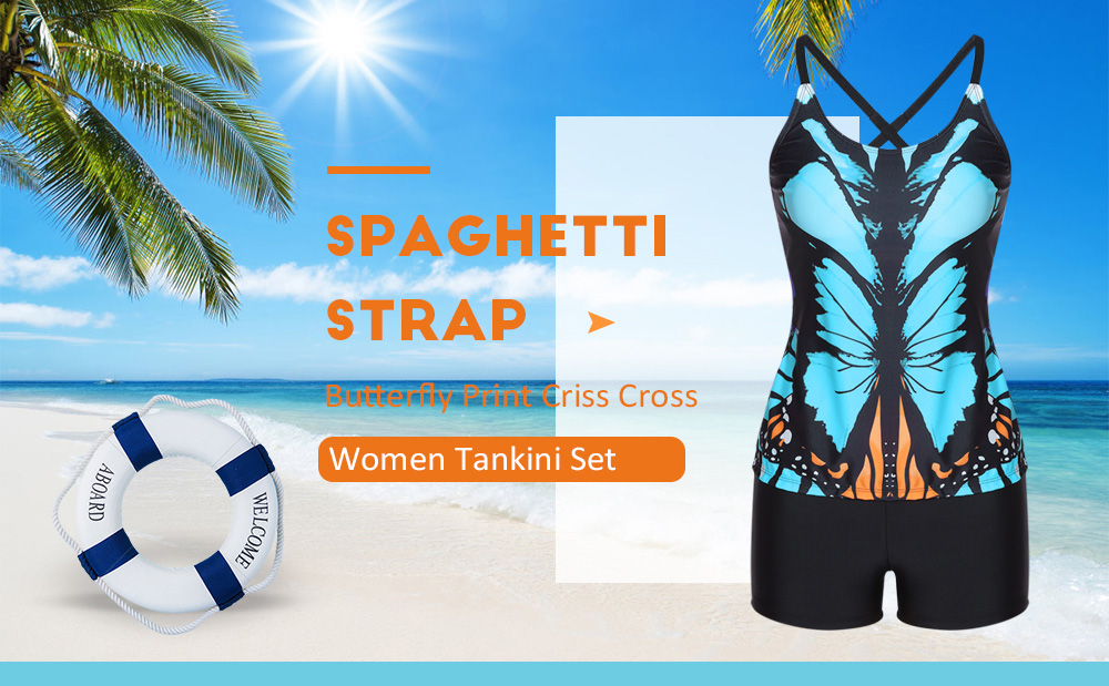 Spaghetti Strap Butterfly Print Criss Cross Padded Mid Waist Two Piece Women Tankini Set