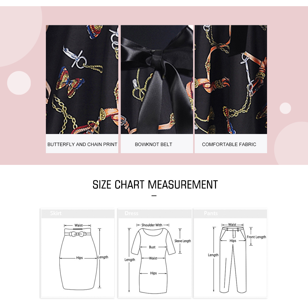 Vintage Off The Shoulder Short Sleeve Butterfly Chain Print Belt Swing Women A-line Dress