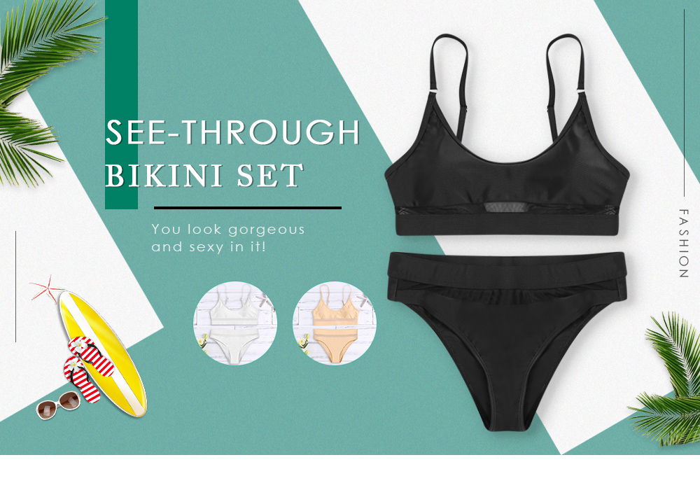 Padded See-through Women Bikini Set Mid Waist Swimsuit