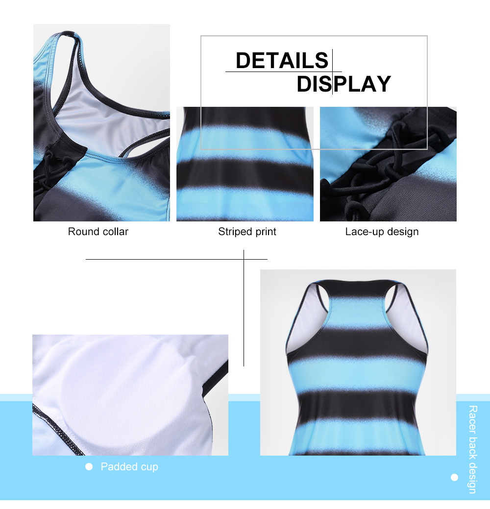 Round Collar Striped Print Lace Up Padded Mid Waist Plus Size Women Tankini Set