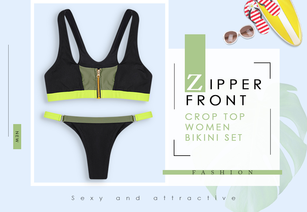 Zipper Front Crop Top Colors Patchwork Low Waist Women Bikini Set Swimsuit