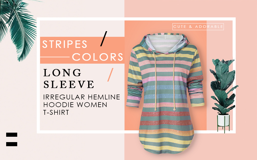 Stripes Colors Long Sleeve Irregular Hemline Hoodie Women T-shirt