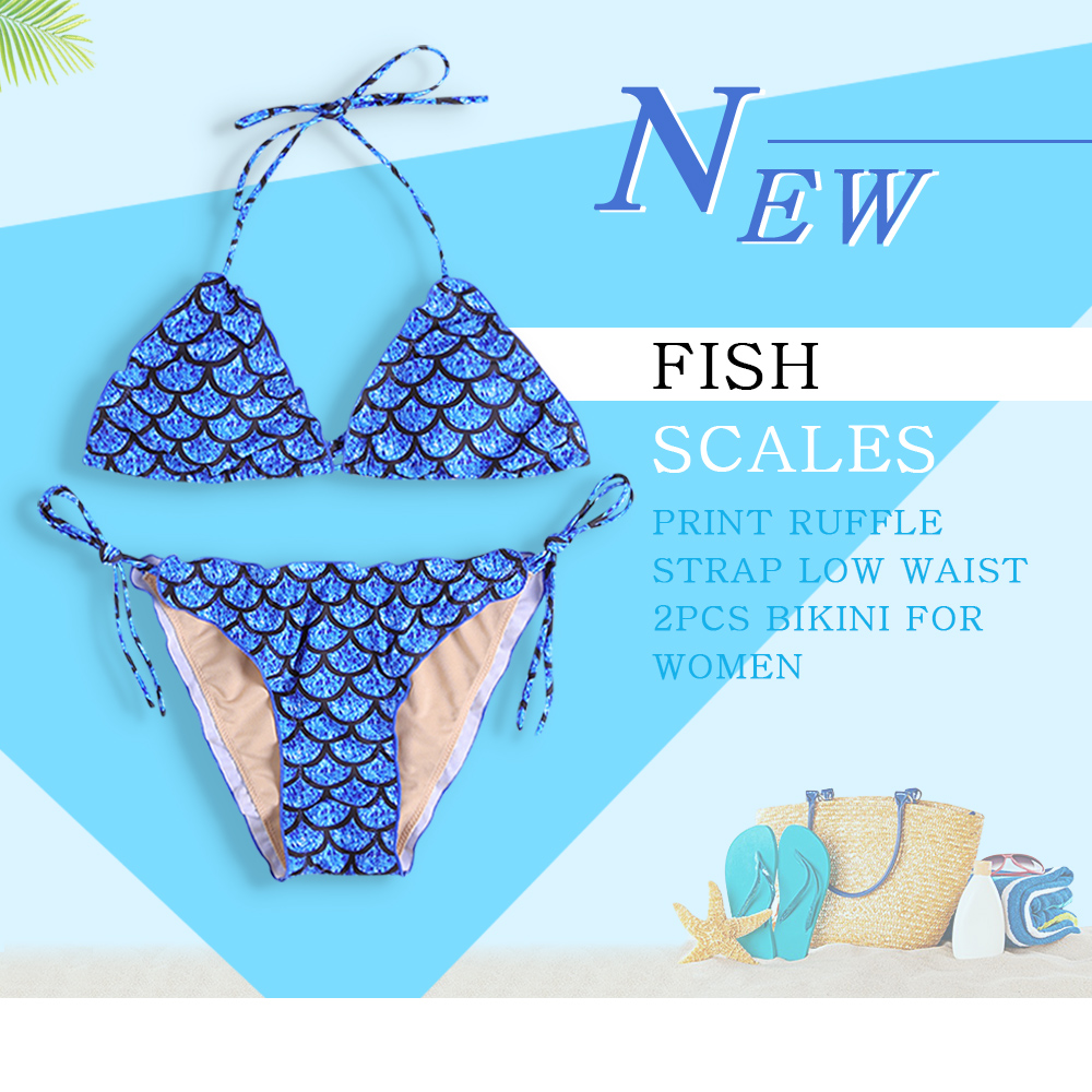 Fish Scales Print Ruffle Strap Side Tied Low Waist Bikini Set for Women