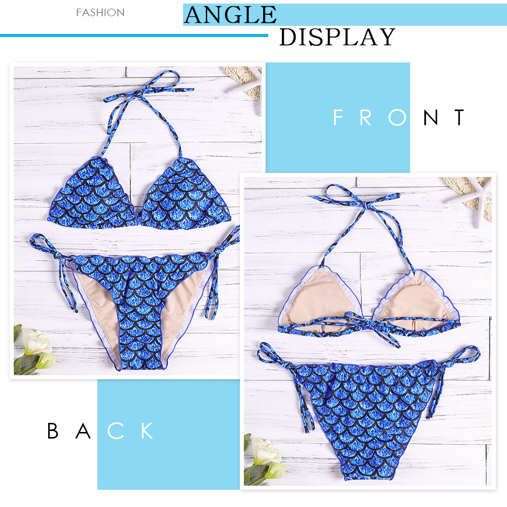 Fish Scales Print Ruffle Strap Side Tied Low Waist Bikini Set for Women