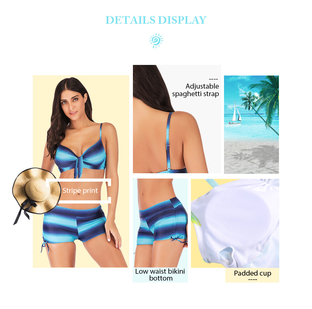 Spaghetti Strap Backless Padded Stripe Print Tied Low Waist Boxer Shorts Women Bikini Set