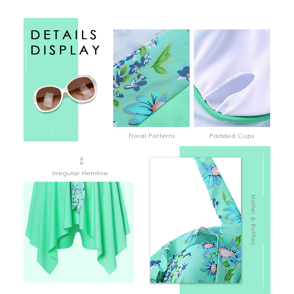 Plus Size Floral Print Halter Ruffles Board-shorts Two Pieces Women Swimwear
