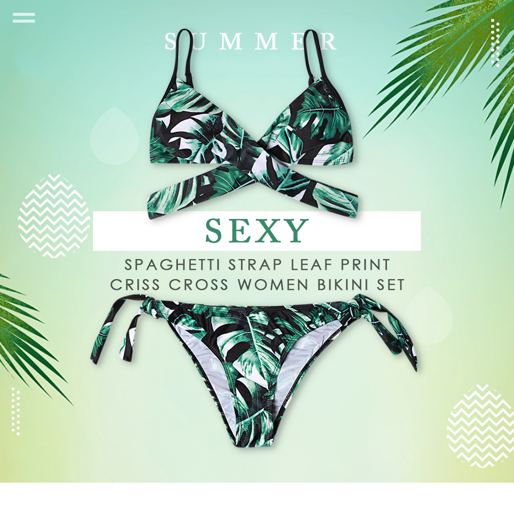 Sexy Spaghetti Strap Padded Leaf Print Criss Cross Low Waist Women Bikini Set