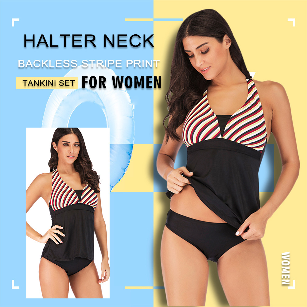 Halter Neck Backless Padded Stripe Print Low Waist Two-piece Women Tankini Set