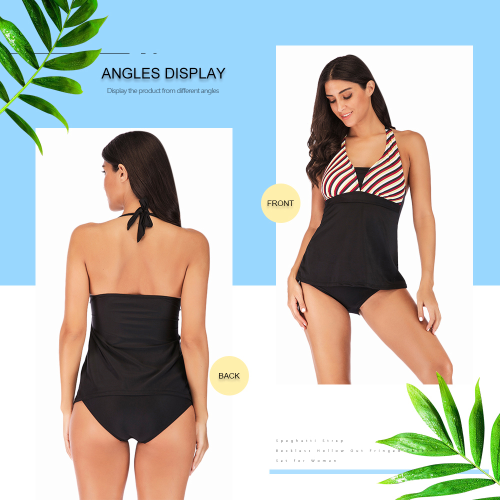 Halter Neck Backless Padded Stripe Print Low Waist Two-piece Women Tankini Set